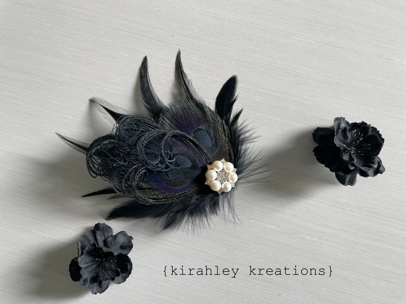 Black Peacock Feather Hair Clip Dark Wedding Fascinator Great Gatsby Holiday Hairpiece Rhinestone Corsage Goth Halloween Headpiece image 10