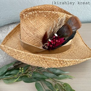 Boho Turkey Feather & Dried Flower Hat Pin Floral Hatpiece Rustic Hat Accessory Wedding Bridal Pin Lady Hat Brooch Western Cowgirl image 5