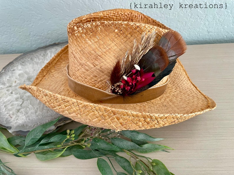 Boho Turkey Feather & Dried Flower Hat Pin Floral Hatpiece Rustic Hat Accessory Wedding Bridal Pin Lady Hat Brooch Western Cowgirl image 5