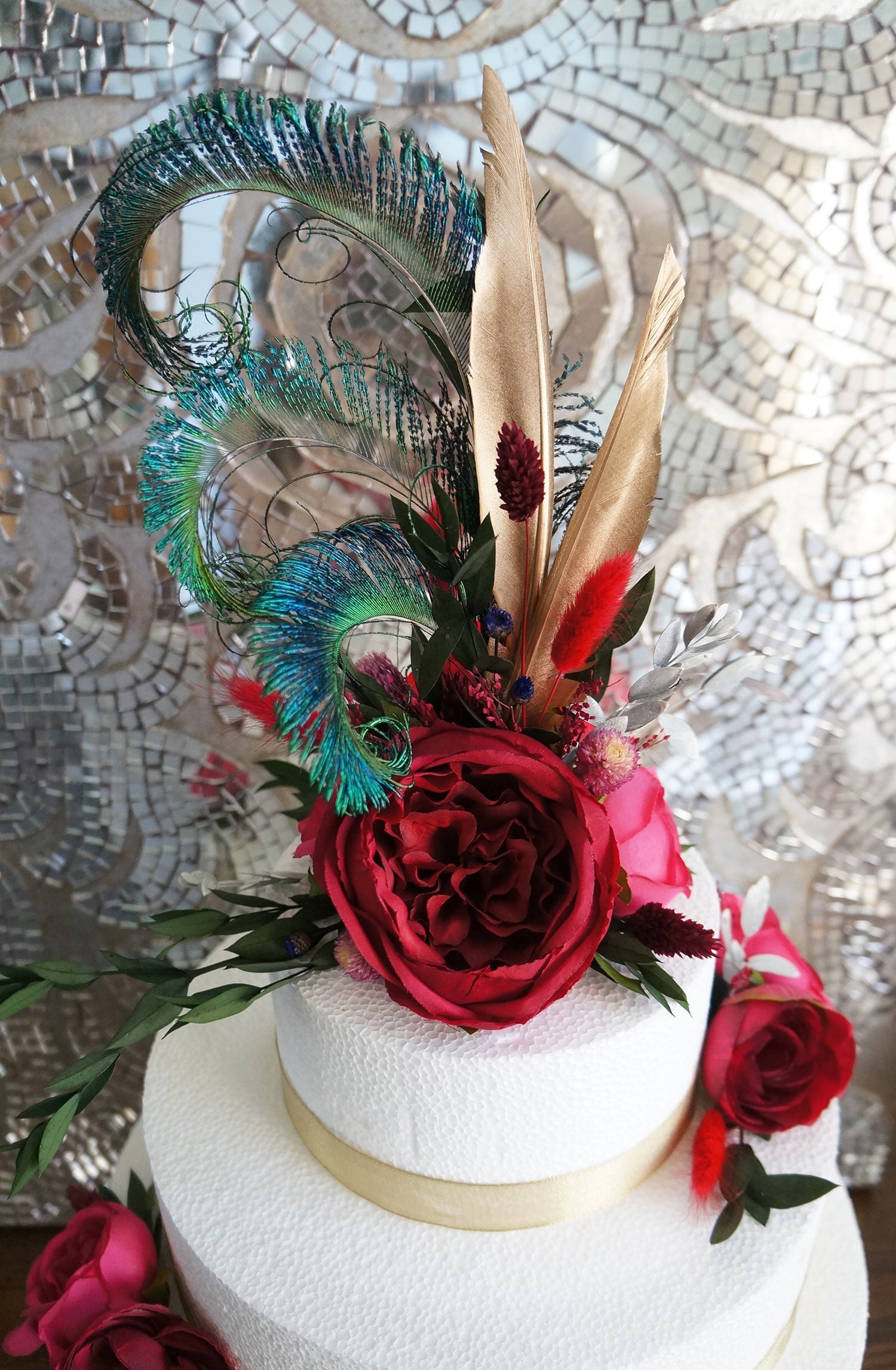 Topper per torta a tre livelli, fiori di seta gialli e malva artificiali, decorazioni per torte, toppers per torta - Italia