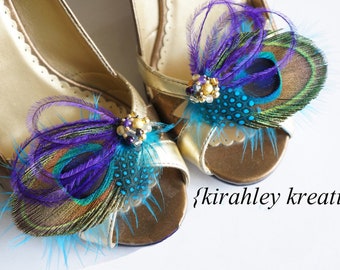 Peacock Feather Shoe Clips, Beaded Bridal Accessory