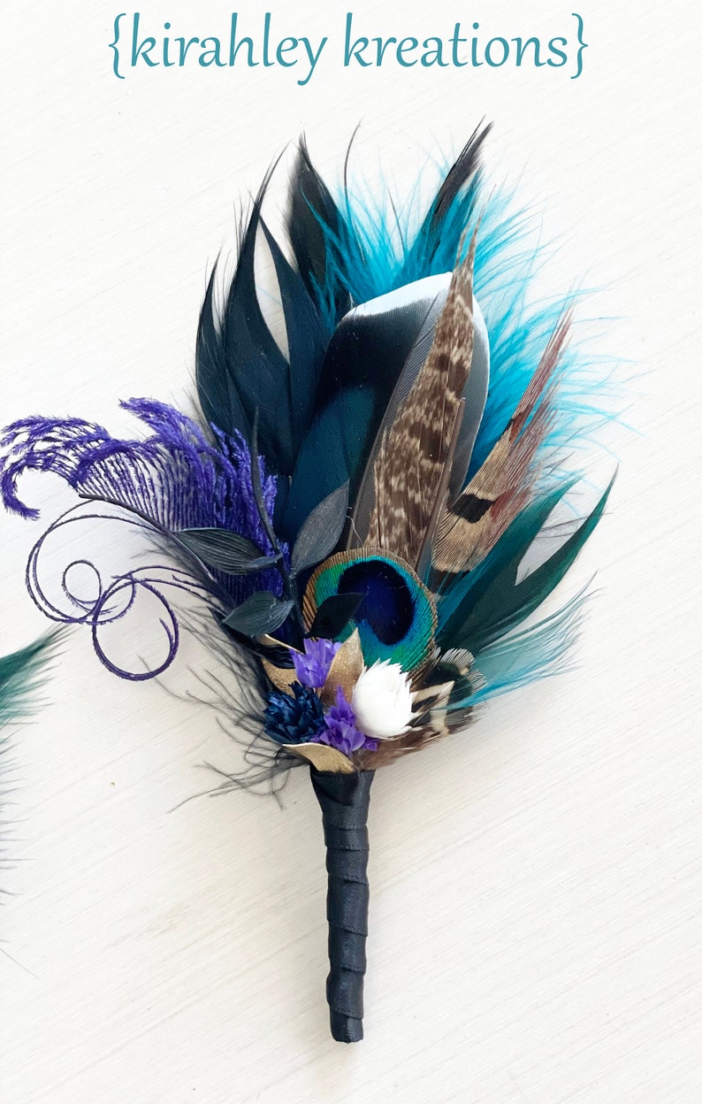 Mallard, Peacock Feather, Dried Flower Hair Clip Teal Blue Black, Purple Hairpiece Jewel Tone Wedding Corsage Rustic Groom Boutonniere Boutonniere
