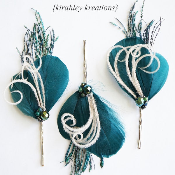 Dark Teal Feather Bobby Hair Pin | Emerald Peacock Sword, Ivory Herl, Beads | Bride Wedding Hairpiece, Bridesmaid Clip Comb | Prom Corsage