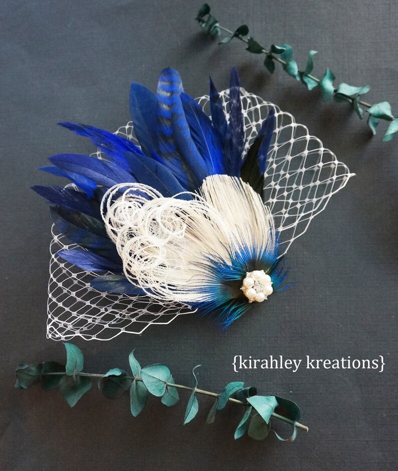 Navy Blue Peacock Feather Clip Gatsby Wedding Fascinator Ivory Pearl Bridal Hairpiece Rhinestone Bride Headpiece Birdcage Veiling image 6