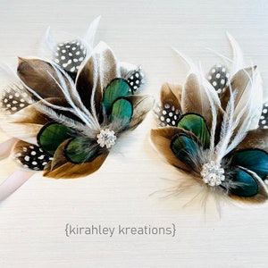 Emerald Green Hair Clip Rustic Wedding Tan Mallard Duck Feather Hairpiece Guinea and Lady Amherst Wrist Corsage Groom Boutonniere image 3