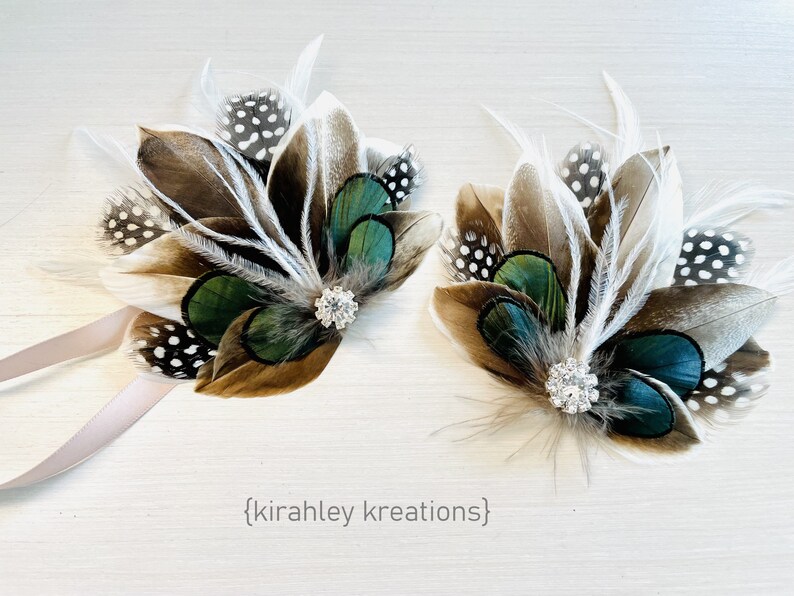 Emerald Green Hair Clip Rustic Wedding Tan Mallard Duck Feather Hairpiece Guinea and Lady Amherst Wrist Corsage Groom Boutonniere image 3