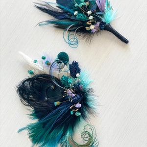 Black Peacock Feather Dried Flower Hair Clip Navy Blue, Dark Green, Purple Hairpiece Jewel Tone Wedding Corsage Groom Boutonniere image 9