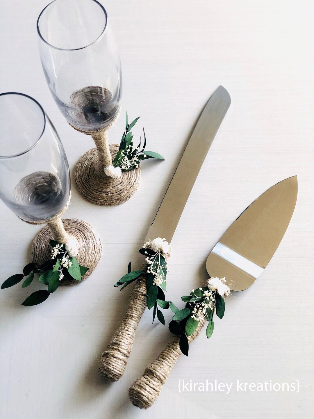 Rustic Cake Knife & Server Set Champagne Glasses Eucalyptus, Ivory
