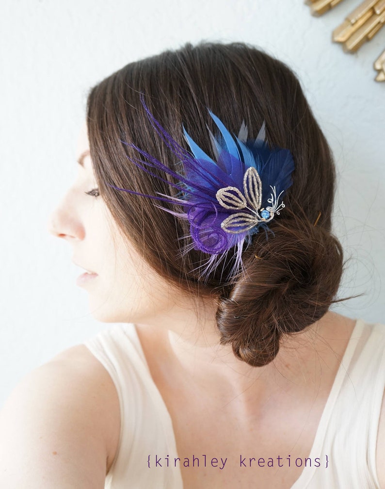 Lavender Purple Beaded Leaf Feather Headpiece SHIP READY Blue Rhinestone Wedding Fascinator Bridal Bride Bridesmaid Hair Clip Navy Blue Gray