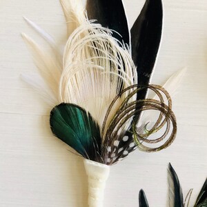 Peacock Feather Boutonniere Ivory Emerald Green Black Great Gatsby Wedding Groom Velvet Lapel Pin Prom Gala Special Event Corsage image 4