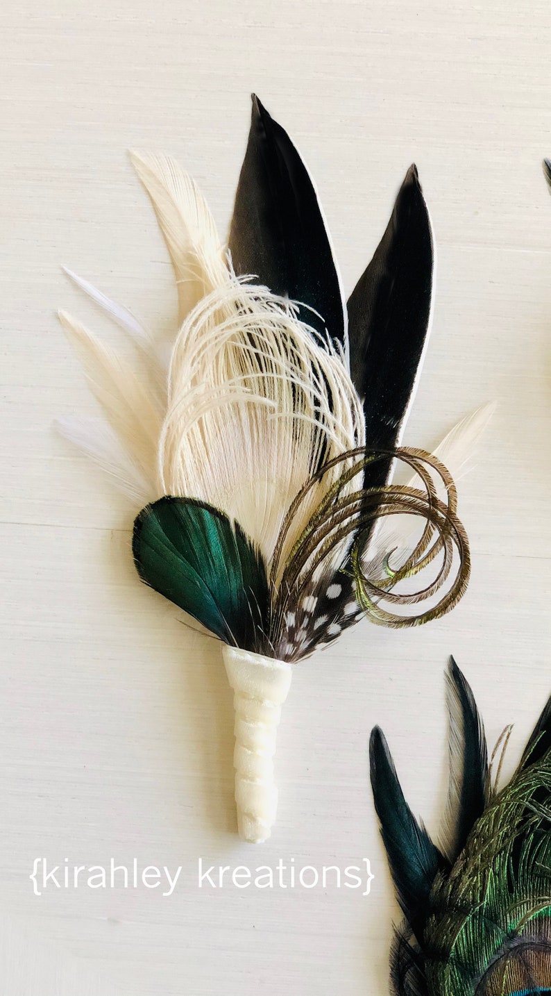 Peacock Feather Boutonniere Ivory Emerald Green Black Great Gatsby Wedding Groom Velvet Lapel Pin Prom Gala Special Event Corsage image 4