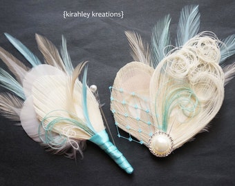 Teal Ivory Peacock Feather Hair Clip | Aqua Blue Bridal Wedding Fascinator | Bride Pearl Veil Headpiece | Prom Corsage | Groom Boutonniere