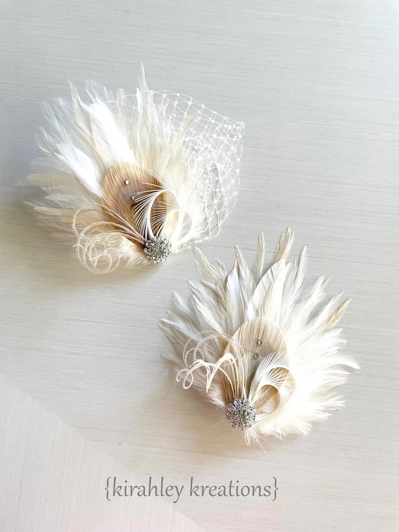 Ivory Champagne Peacock Feather Hair Clip | Bride Great Gatsby Wedding Fascinator | White Bridal Hairpiece | Prom Vintage Rhinestone Corsage