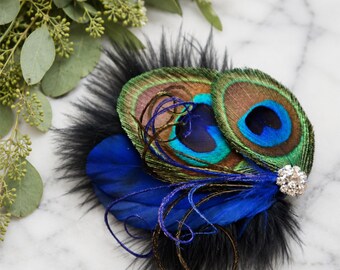 Haarclip met pauwenmotief | Great Gatsby-bruidsfascinator | Groenblauwe verenkam | Feestelijke hoofdtooi | Zwarte struisvogelmaraboe haaraccessoire