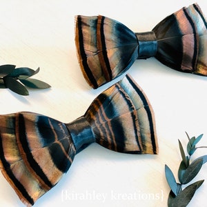 Rustic Turkey Feather Bow Tie | Bronze and Black Mens Neck Tie | Groom and Groomsmen Wedding Attire | Turkey Hunter, Game Feathers