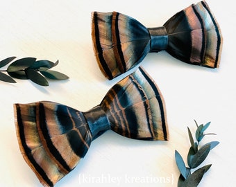 Rustic Turkey Feather Bow Tie | Bronze and Black Mens Neck Tie | Groom and Groomsmen Wedding Attire | Turkey Hunter, Game Feathers