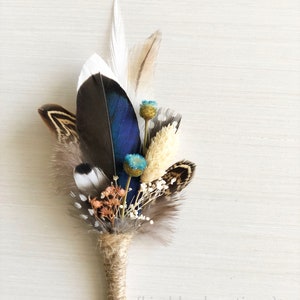 Mallard Feather Wedding Boutonniere Duck Feather Wrist Corsage Groom Pheasant Boutonniere Blue Dried Flowers Rustic Fall Bridal Clip image 3