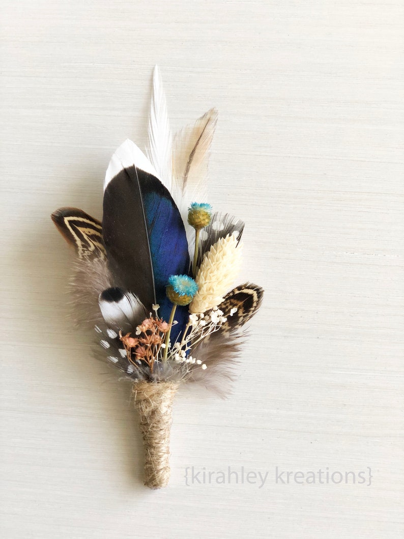 Boutonnière de mariage en plumes de colvert Corsage de poignet en plumes de canard Boutonnière faisan marié Fleurs séchées bleues Pince nuptiale d'automne rustique image 3