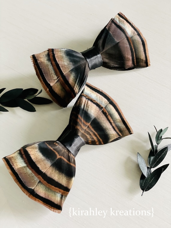 Rustic Turkey Feather Bow Tie | Bronze and Black Mens Neck Tie | Groom and Groomsmen Wedding Attire | Turkey Hunter, Game Feathers