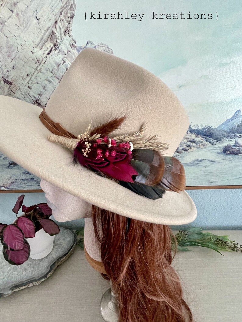 Boho Turkey Feather & Dried Flower Hat Pin Floral Hatpiece Rustic Hat Accessory Wedding Bridal Pin Lady Hat Brooch Western Cowgirl image 3