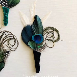 Peacock Feather Boutonniere Ivory Emerald Green Black Great Gatsby Wedding Groom Velvet Lapel Pin Prom Gala Special Event Corsage image 7