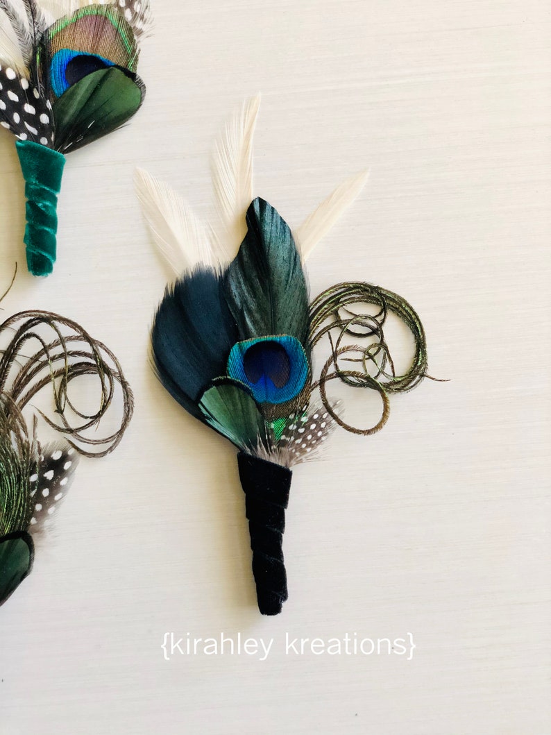 Peacock Feather Boutonniere Ivory Emerald Green Black Great Gatsby Wedding Groom Velvet Lapel Pin Prom Gala Special Event Corsage image 7