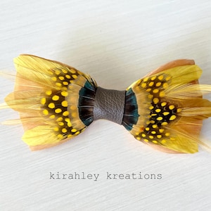 Golden Yellow Feather Bow Tie | Pheasant Guinea Rooster Feathers | Hunter Rustic Wedding | Men&#39;s Brown Leather Neck Tie | Gold Groom Bowtie
