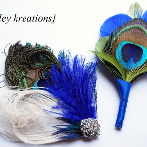Royal Blue Peacock Hair Clip | Lime Green Groom Boutonniere | Bride Wedding Hairpiece | Ostrich Feather Fascinator |  Ivory Bridal Headpiece