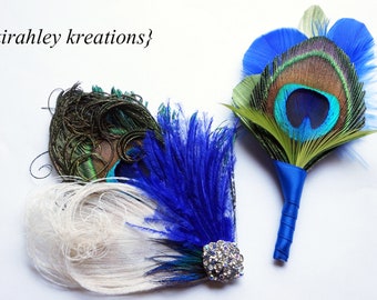 Peacock Feather Hair Clip or Boutonniere | Royal Blue Wedding Fascinator