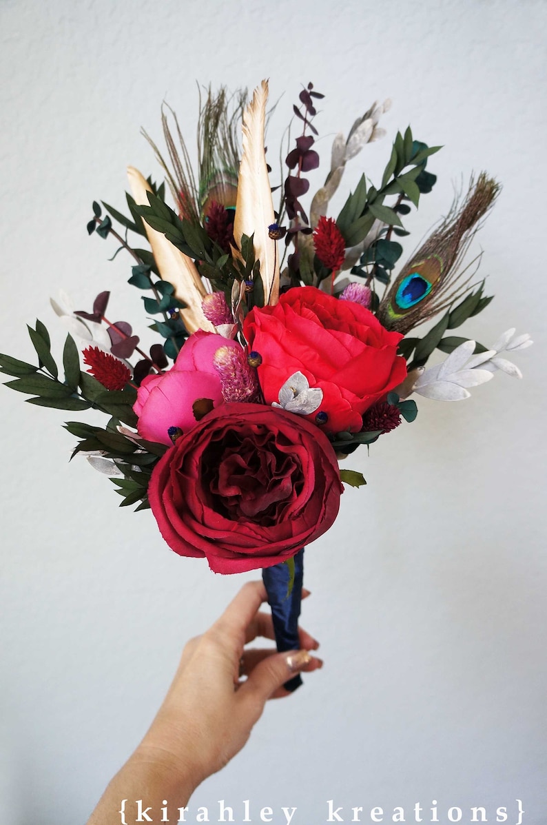 Wedding Bouquets Red Fuchsia Maroon Flowers Dried Flower Eucalyptus Bouquet Peacock, Gold Feather Bouquet Bridal Bridesmaid Flowers image 8