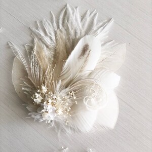 White Ivory Feather and Dried Flower Hairpiece Bridal Hair Comb Skeleton Leaf Hair Clip Babys Breath, Peacock Sword and Herl, Ostrich image 3