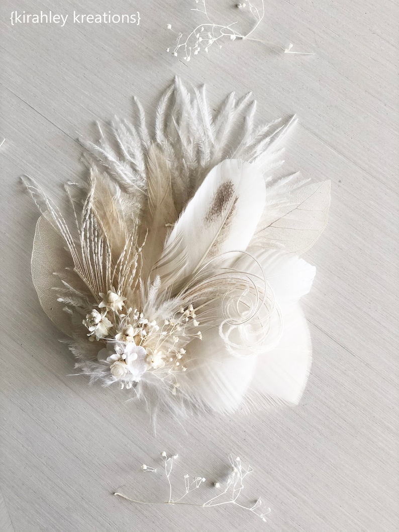 White Ivory Feather and Dried Flower Hairpiece Bridal Hair Comb Skeleton Leaf Hair Clip Babys Breath, Peacock Sword and Herl, Ostrich image 3