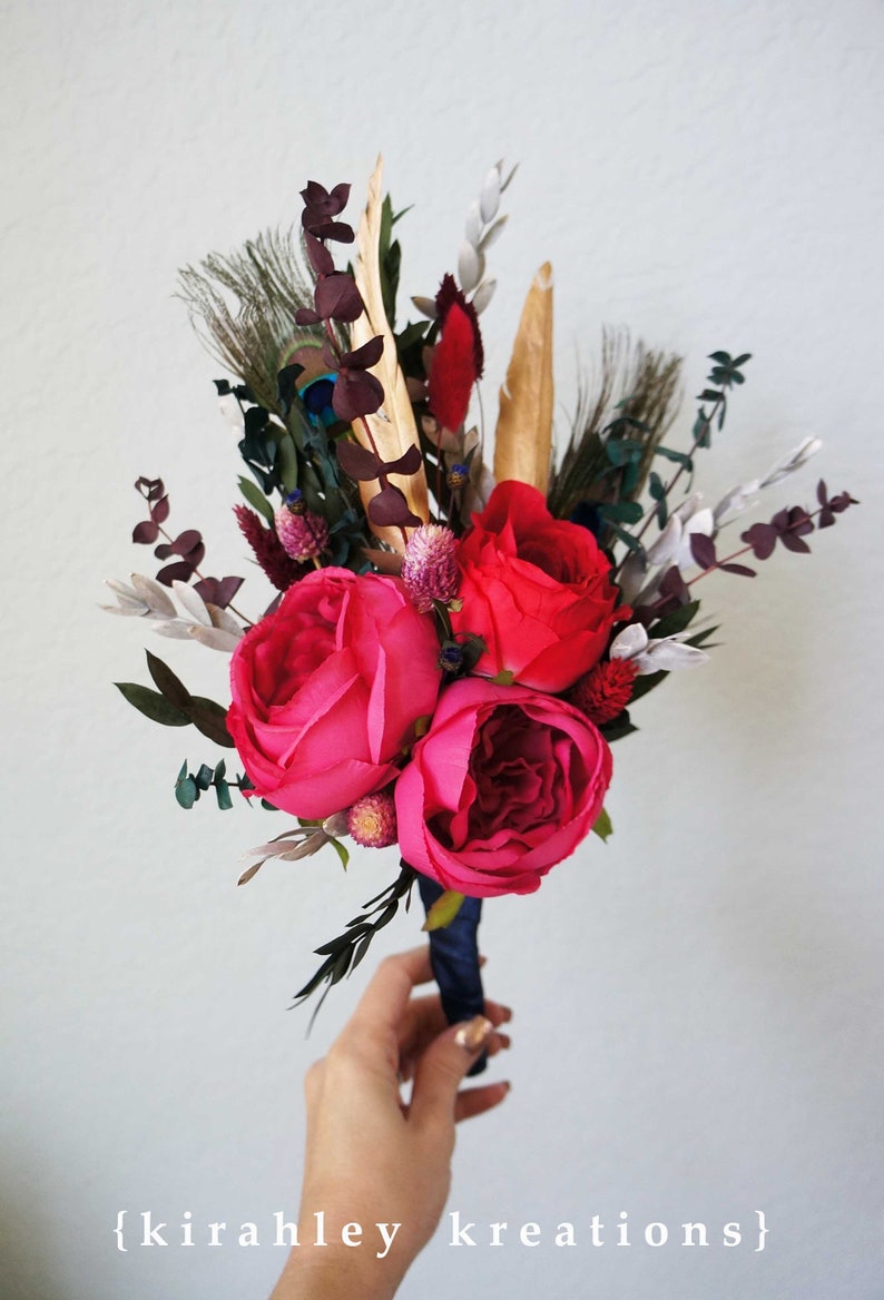 Wedding Bouquets Red Fuchsia Maroon Flowers Dried Flower Eucalyptus Bouquet Peacock, Gold Feather Bouquet Bridal Bridesmaid Flowers image 6