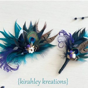 Mallard, Peacock Feather, Dried Flower Hair Clip Teal Blue Black, Purple Hairpiece Jewel Tone Wedding Corsage Rustic Groom Boutonniere image 3