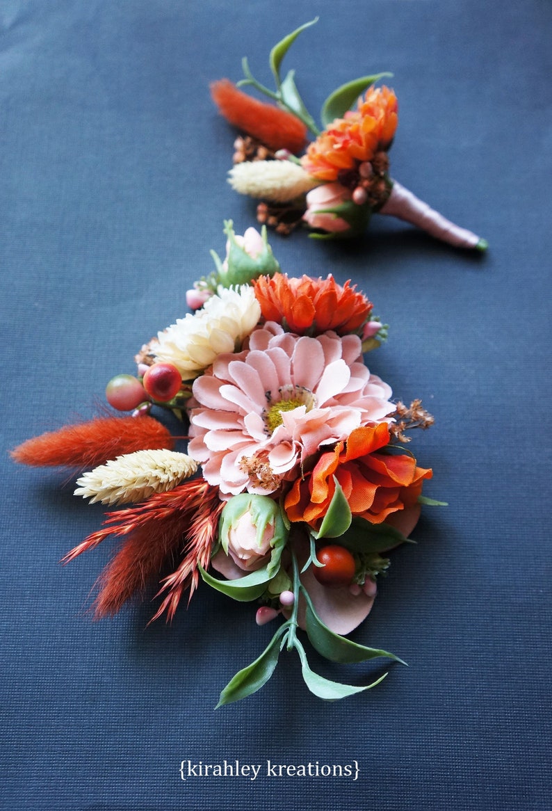 Coral Peach Orange Ivory Flower Hairpiece Bridal Wedding Hair Clip Comb Dried Florals Silk Flowers Green Leaves Berries Bride Fascinator