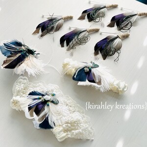 Conjunto de liga de plumas de mallard azul / flor seca conjunto de liga de eucalipto / recuerdo de boda de novia liga de lanzamiento / conjunto de liga nupcial de encaje de marfil imagen 3