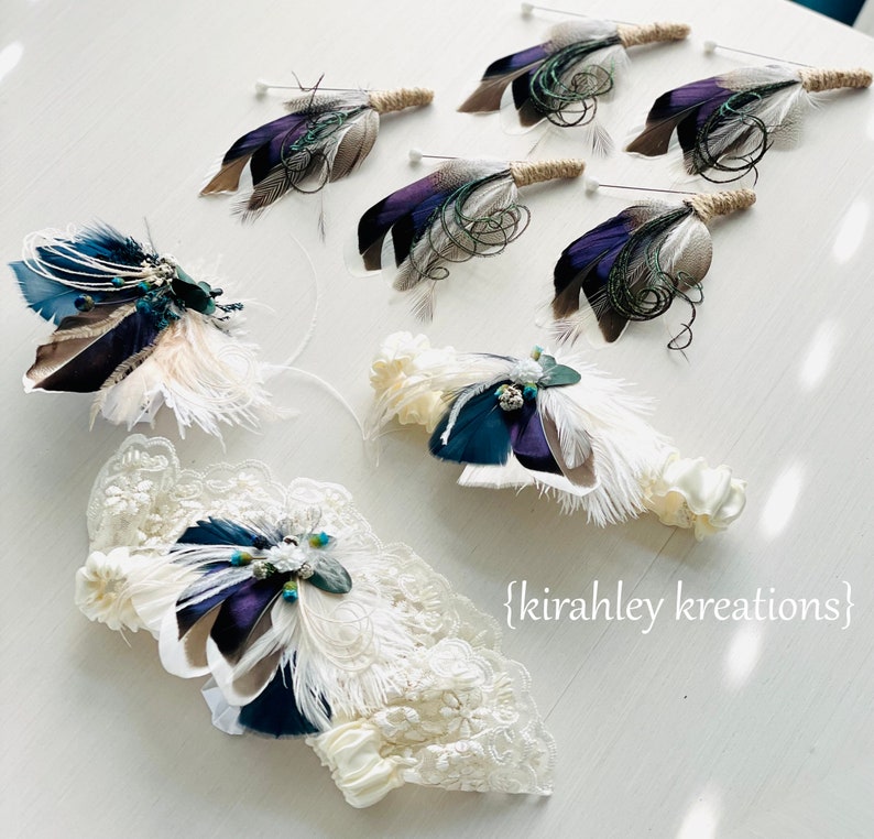 Conjunto de liga de plumas de mallard azul / flor seca conjunto de liga de eucalipto / recuerdo de boda de novia liga de lanzamiento / conjunto de liga nupcial de encaje de marfil imagen 3