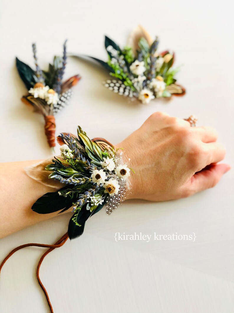 Rustic Fall Wedding Ivory Flower Wrist Corsage Lavender, Pheasant Feather, Green Leaf, Suede Leather Eucalyptus Groom Boutonniere Pin image 2