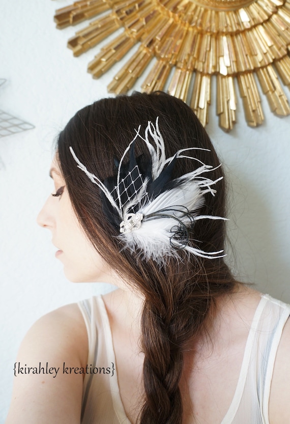 Great Gatsby Bridal Hair Clip White Black Ostrich Feather Fascinator Ship Ready Prom Wedding Bride Headpiece Alexis Birdcage Veil Rhinestone