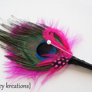 Hot Pink & Black Peacock Corsage Wedding Feather Hair Clip Bride Fuchsia Fascinator Groom Boutonniere Great Gatsby Prom Headpiece image 5