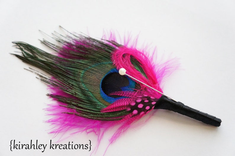 Hot Pink & Black Peacock Corsage Wedding Feather Hair Clip Bride Fuchsia Fascinator Groom Boutonniere Great Gatsby Prom Headpiece image 5