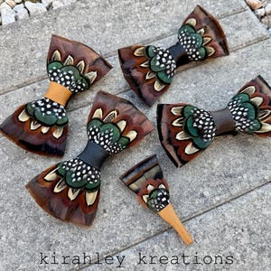 Rustic Feather Bow Tie | Turkey Pheasant Guinea | Bronze Emerald Green Feathers | Hunter Groom Wedding Attire | Leather Neck Tie Boutonniere
