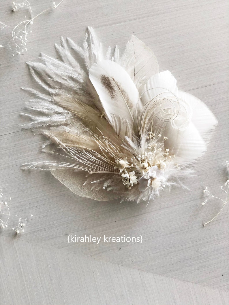 White Ivory Feather and Dried Flower Hairpiece Bridal Hair Comb Skeleton Leaf Hair Clip Babys Breath, Peacock Sword and Herl, Ostrich image 1