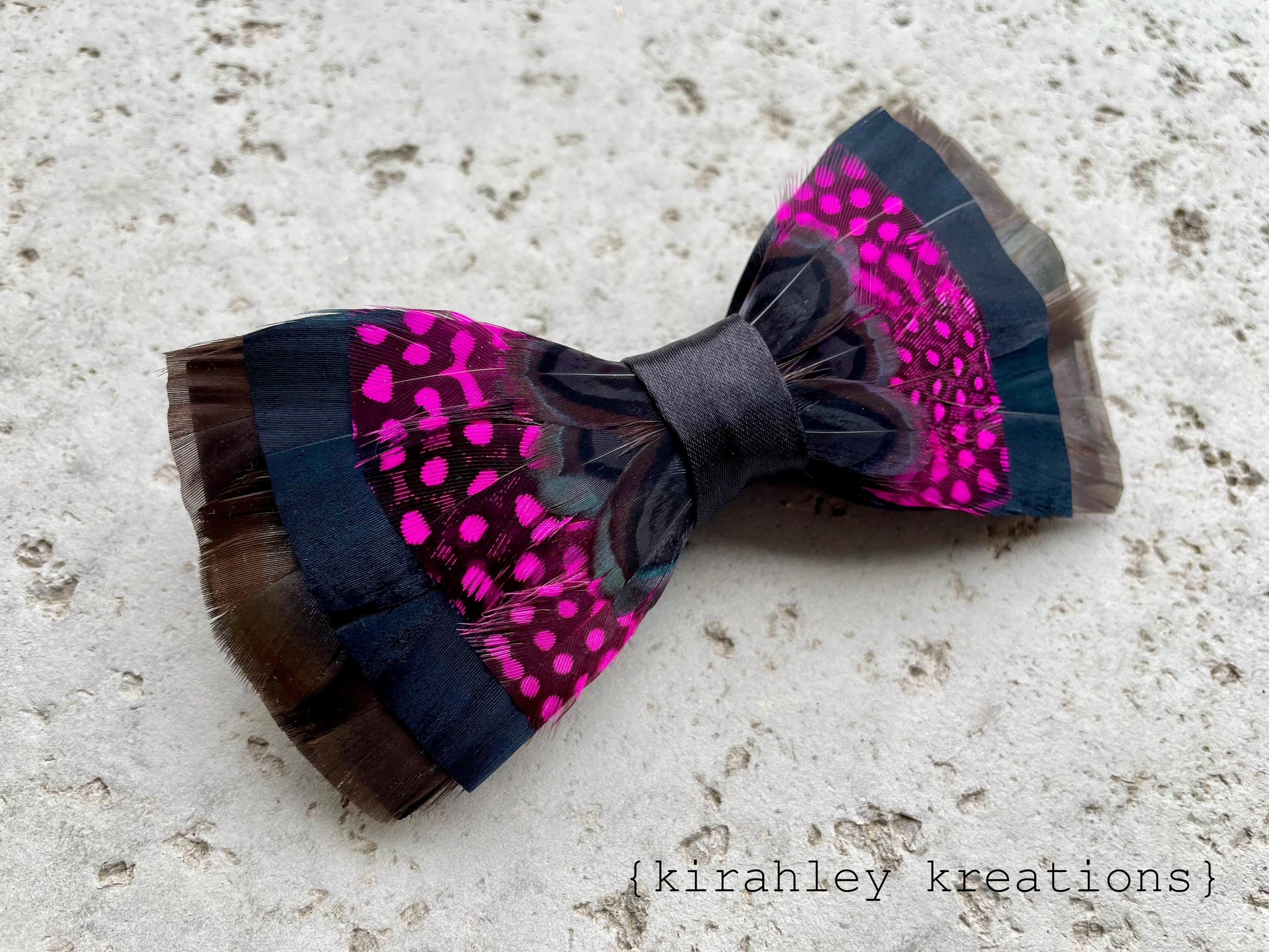 Turkey & Pheasant Feather Bow Tie | Grooms Wedding Bowtie | Hot Pink, Bronze, Black Neck Tie | Groomsmen Gift | Prom Lapel Pin, Boutonniere