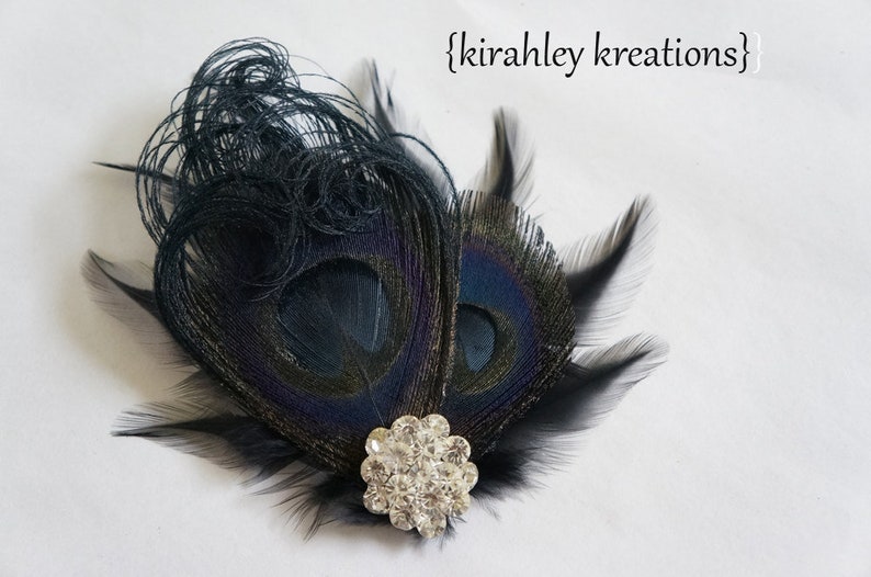 Black Peacock Feather Hair Clip Dark Wedding Fascinator Great Gatsby Holiday Hairpiece Rhinestone Corsage Goth Halloween Headpiece image 6