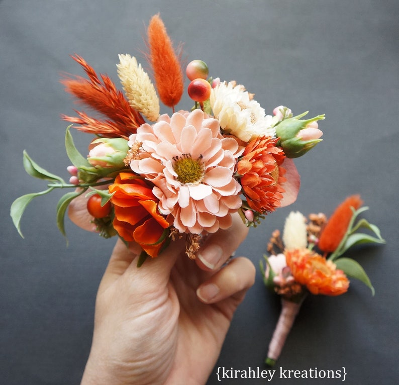 Coral Peach Orange Ivory Flower Hairpiece Bridal Wedding Hair Clip Comb Dried Florals Silk Flowers Green Leaves Berries Bride Fascinator