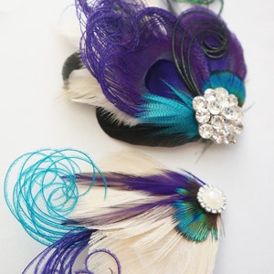 Purple Peacock Sword Feather Hair Clip Teal Green Black Ivory Bridal Fascinator Bridesmaid Wedding Great Gatsby Headpiece Prom Corsage image 3
