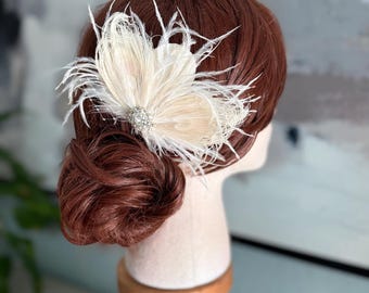 Ivory Feather Bridal Fascinator: Rhinestone Pearl Headpiece  display picture 2