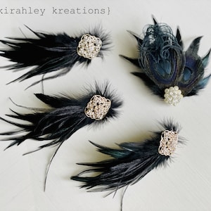 Black Feather Hair Clip Gold Rhinestone Hairpiece Great Gatsby Wedding Flapper Headpiece Black Shoe Clips Bridal Ostrich Clip image 3