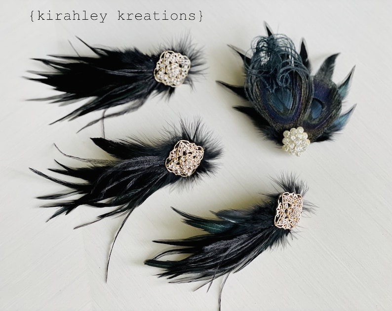 Black Feather Hair Clip Gold Rhinestone Hairpiece Great Gatsby Wedding Flapper Headpiece Black Shoe Clips Bridal Ostrich Clip image 3